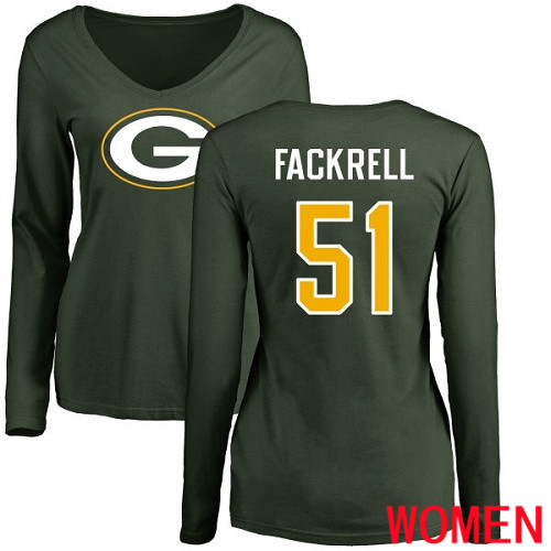Green Bay Packers Green Women #51 Fackrell Kyler Name And Number Logo Nike NFL Long Sleeve T Shirt->women nfl jersey->Women Jersey